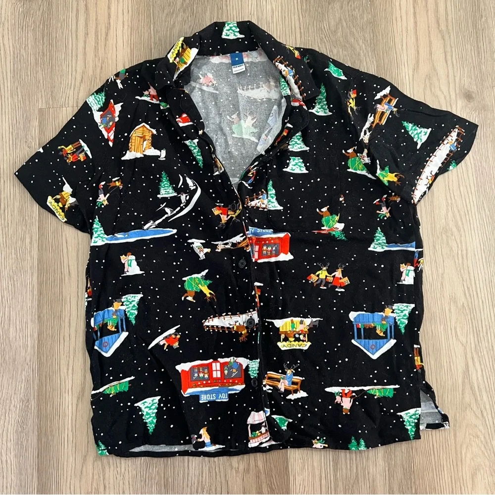 Old Navy Women’s Retro Holiday Village Flannel Short Sleeve Pajama Set Medium